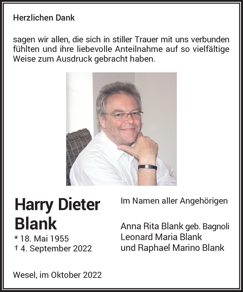  Traueranzeige für Harry Dieter Blank vom 08.10.2022 aus Rheinische Post