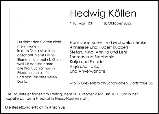 Traueranzeige von Hedwig Köllen von Rheinische Post