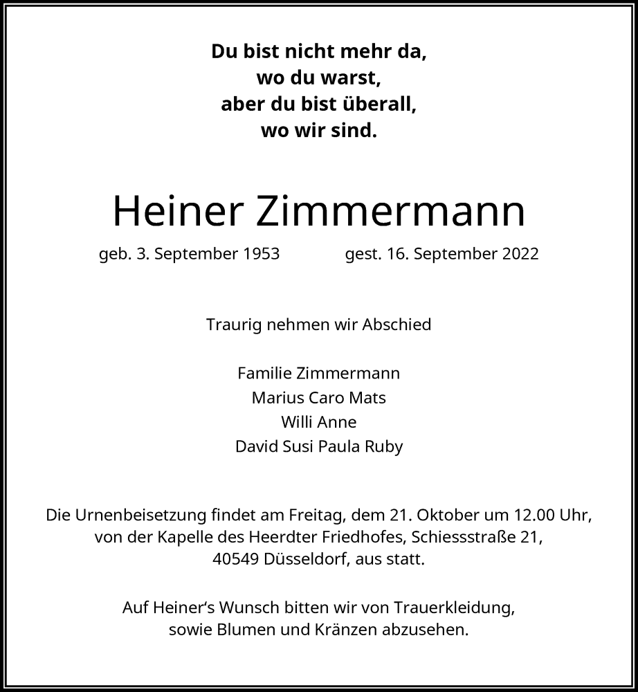  Traueranzeige für Heiner Zimmermann vom 15.10.2022 aus Rheinische Post