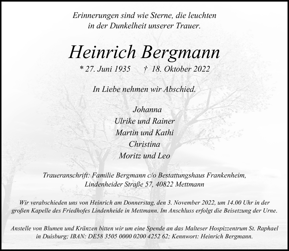  Traueranzeige für Heinrich Bergmann vom 29.10.2022 aus Rheinische Post