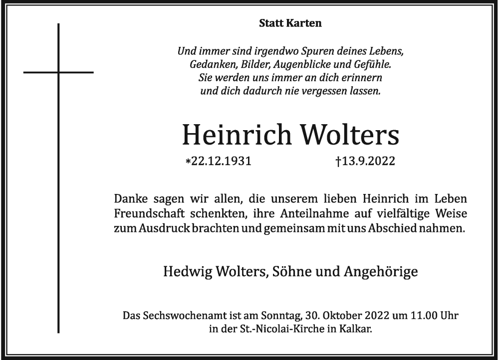  Traueranzeige für Heinrich Wolters vom 22.10.2022 aus Rheinische Post