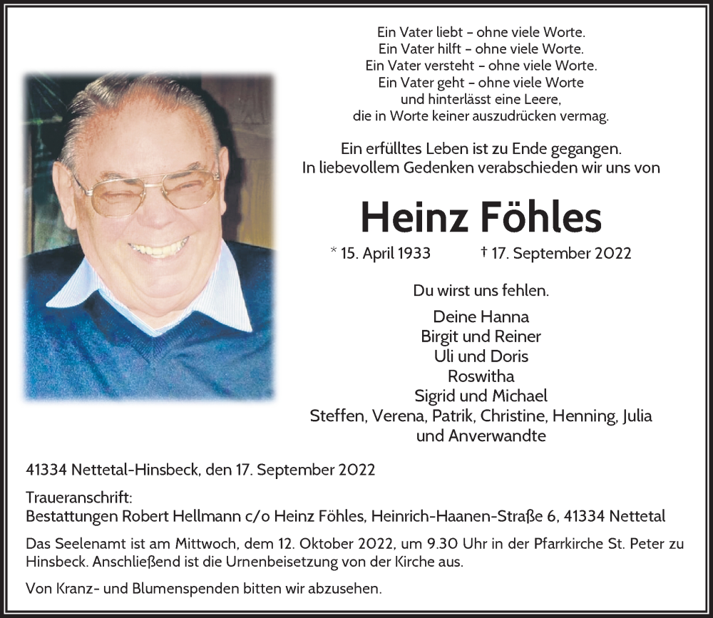  Traueranzeige für Heinz Föhles vom 08.10.2022 aus Rheinische Post