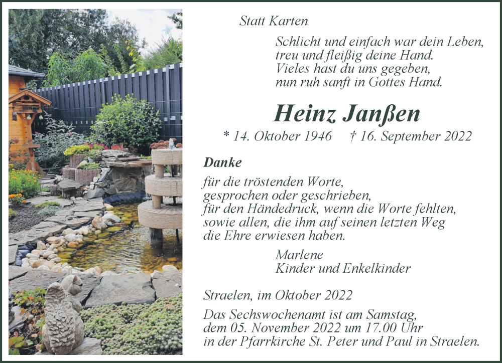  Traueranzeige für Heinz Janßen vom 29.10.2022 aus Rheinische Post
