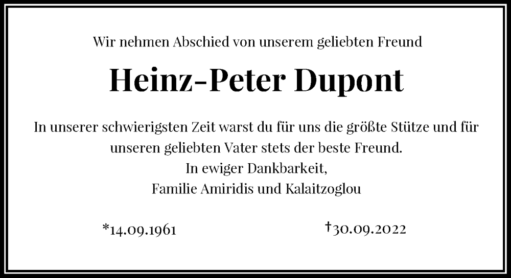  Traueranzeige für Heinz-Peter Dupont vom 01.10.2022 aus Rheinische Post