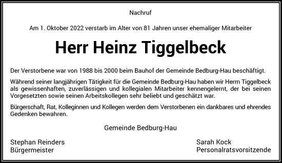 Traueranzeige von Heinz Tiggelbeck von Rheinische Post