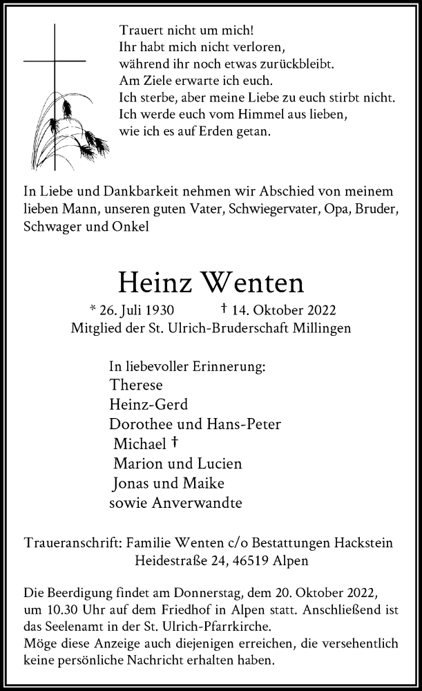  Traueranzeige für Heinz Wenten vom 18.10.2022 aus Rheinische Post