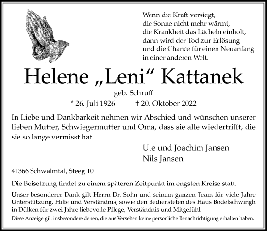 Traueranzeige von Helene Kattanek von Rheinische Post