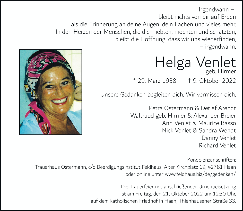  Traueranzeige für Helga Venlet vom 17.10.2022 aus Rheinische Post