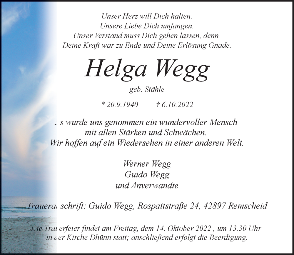  Traueranzeige für Helga Wegg vom 12.10.2022 aus Rheinische Post