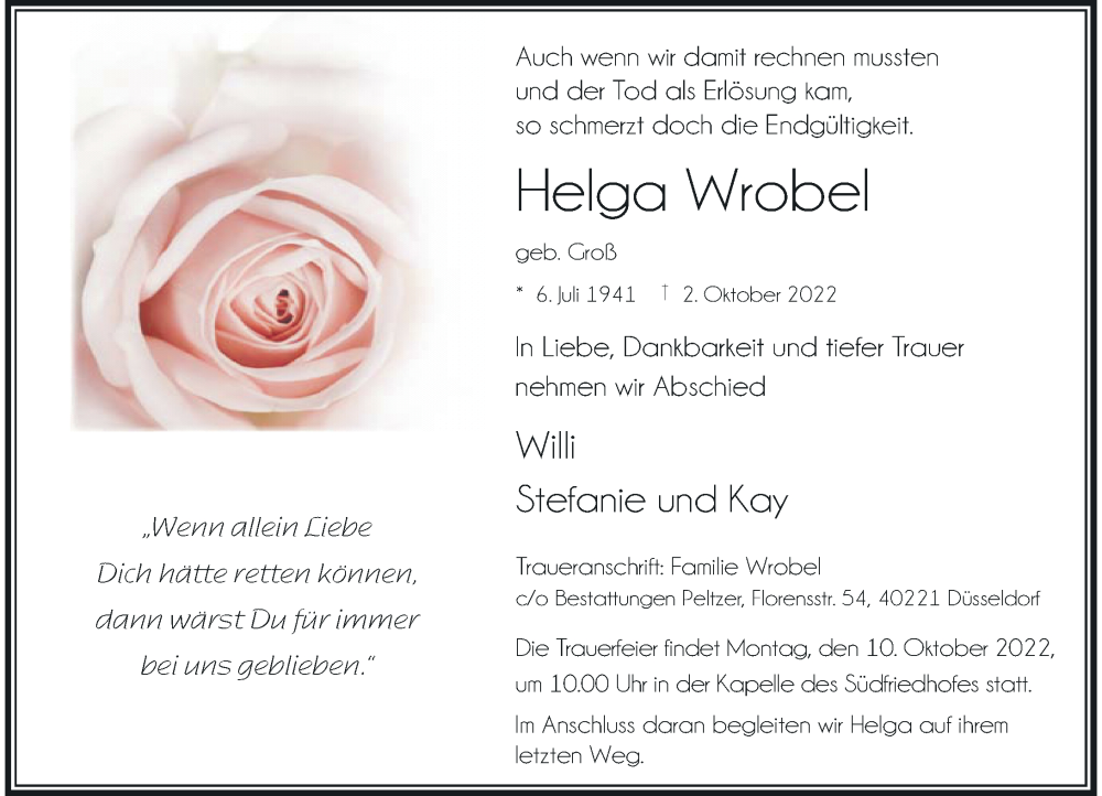  Traueranzeige für Helga Wrobel vom 05.10.2022 aus Rheinische Post