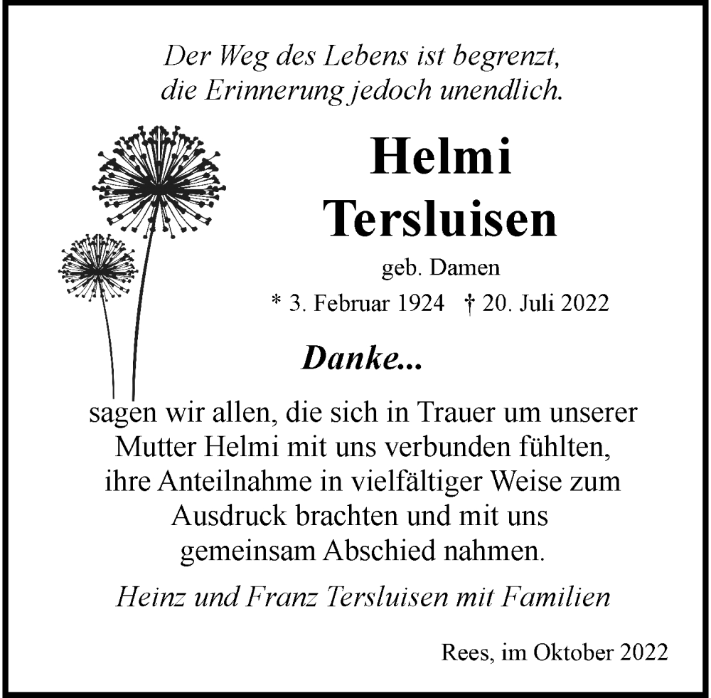  Traueranzeige für Helmi Tersluisen vom 01.10.2022 aus Rheinische Post