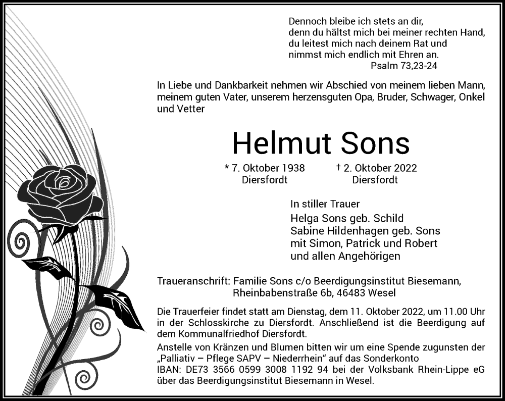  Traueranzeige für Helmut Sons vom 06.10.2022 aus Rheinische Post