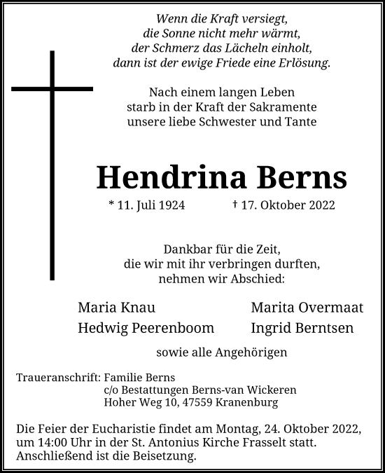 Traueranzeige von Hendrina Berns von Rheinische Post