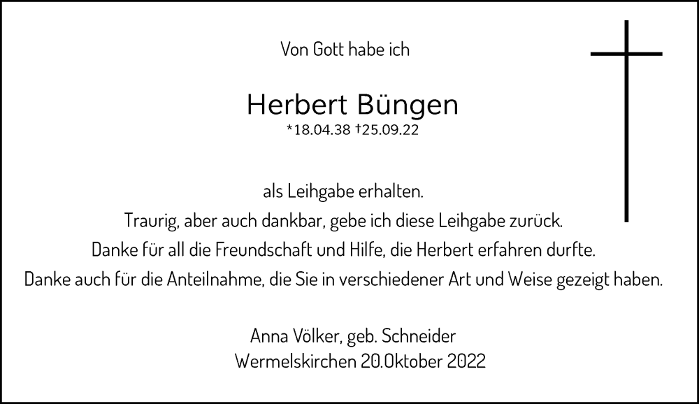  Traueranzeige für Herbert Büngen vom 20.10.2022 aus Rheinische Post
