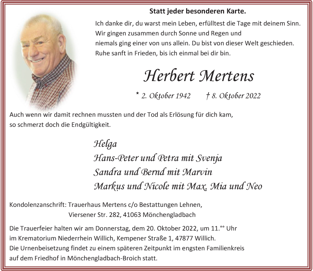  Traueranzeige für Herbert Mertens vom 15.10.2022 aus Rheinische Post