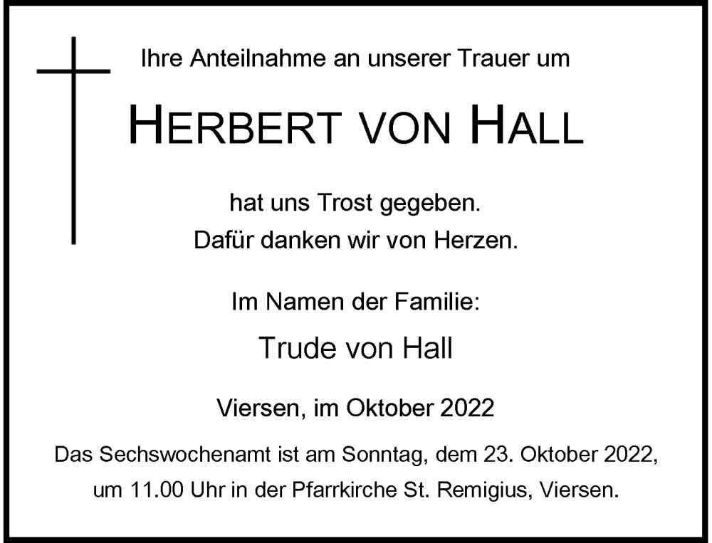  Traueranzeige für Herbert von Hall vom 15.10.2022 aus Rheinische Post