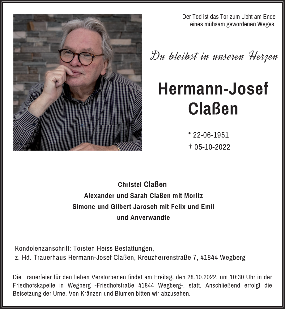  Traueranzeige für Hermann-Josef Claßen vom 15.10.2022 aus Rheinische Post