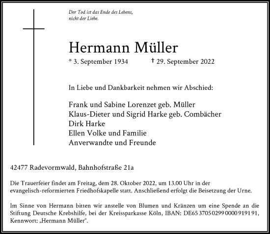 Traueranzeige von Hermann Müller von Rheinische Post