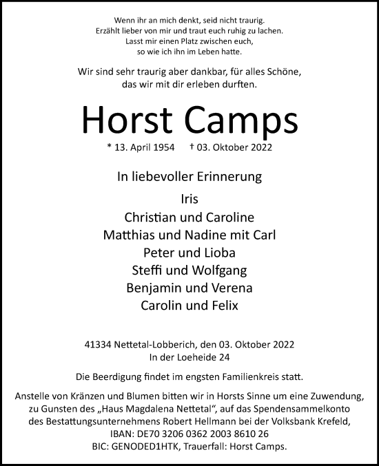 Traueranzeige von Horst Camps von Rheinische Post