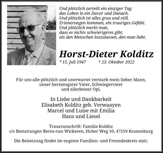 Traueranzeige von Horst-Dieter Kolditz von Rheinische Post
