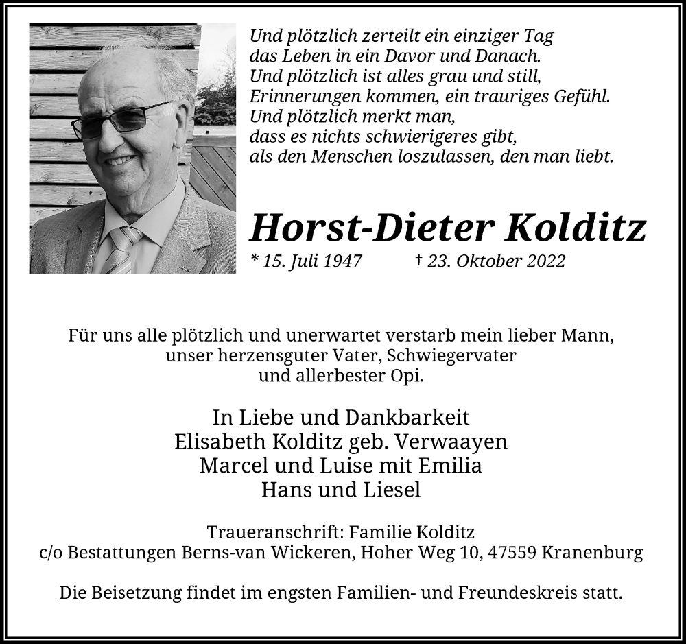  Traueranzeige für Horst-Dieter Kolditz vom 29.10.2022 aus Rheinische Post
