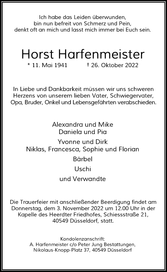 Traueranzeige von Horst Harfenmeister von Rheinische Post