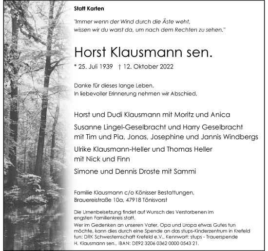 Traueranzeige von Horst Klausmann sen. von Rheinische Post