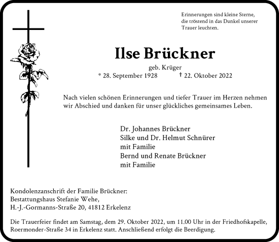 Traueranzeige von Ilse Brückner von Rheinische Post