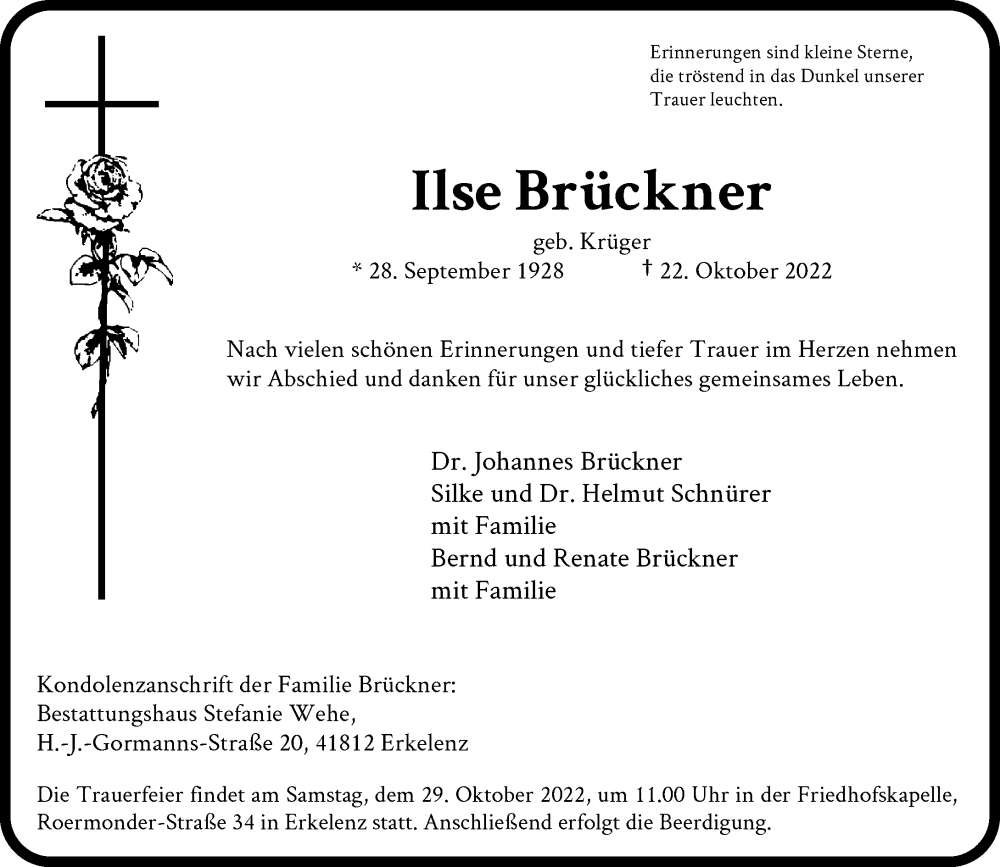  Traueranzeige für Ilse Brückner vom 25.10.2022 aus Rheinische Post