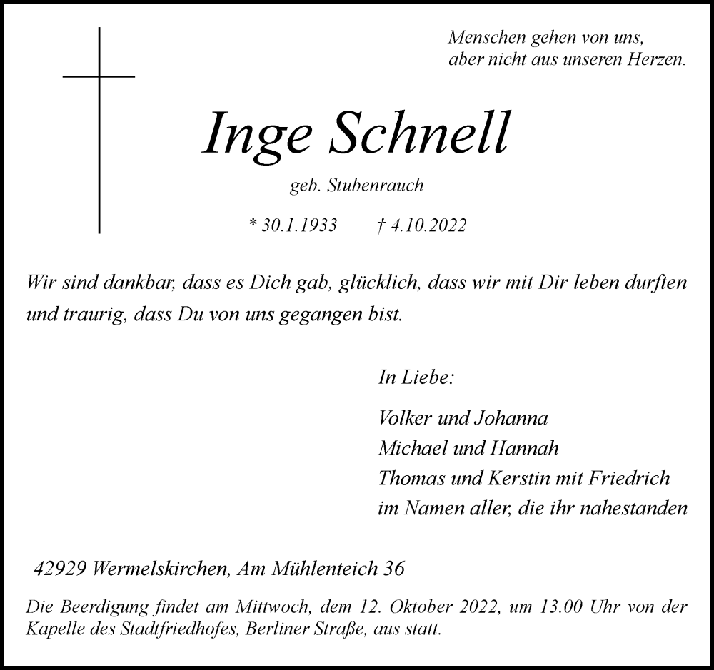  Traueranzeige für Inge Schnell vom 08.10.2022 aus Rheinische Post
