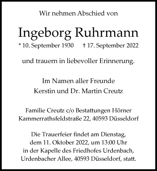Traueranzeige von Ingeborg Ruhrmann von Rheinische Post