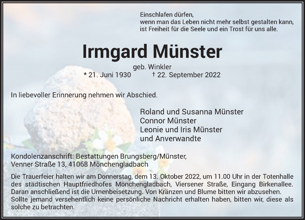  Traueranzeige für Irmgard Münster vom 08.10.2022 aus Rheinische Post