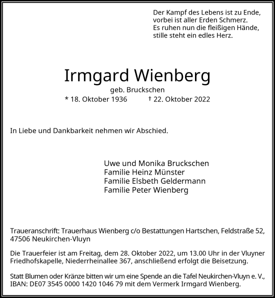 Traueranzeige von Irmgard Wienberg von Rheinische Post