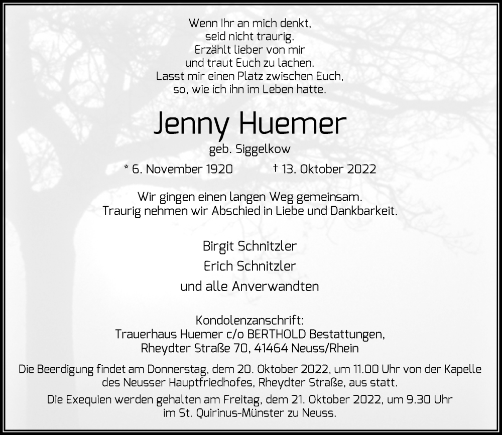  Traueranzeige für Jenny Huemer vom 18.10.2022 aus Rheinische Post