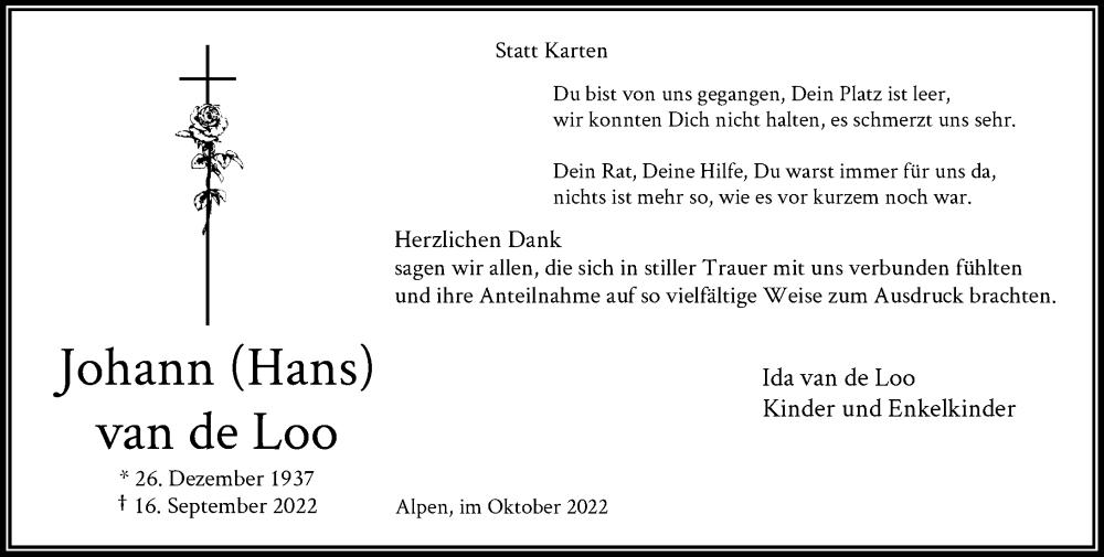  Traueranzeige für Johann van de Loo vom 22.10.2022 aus Rheinische Post