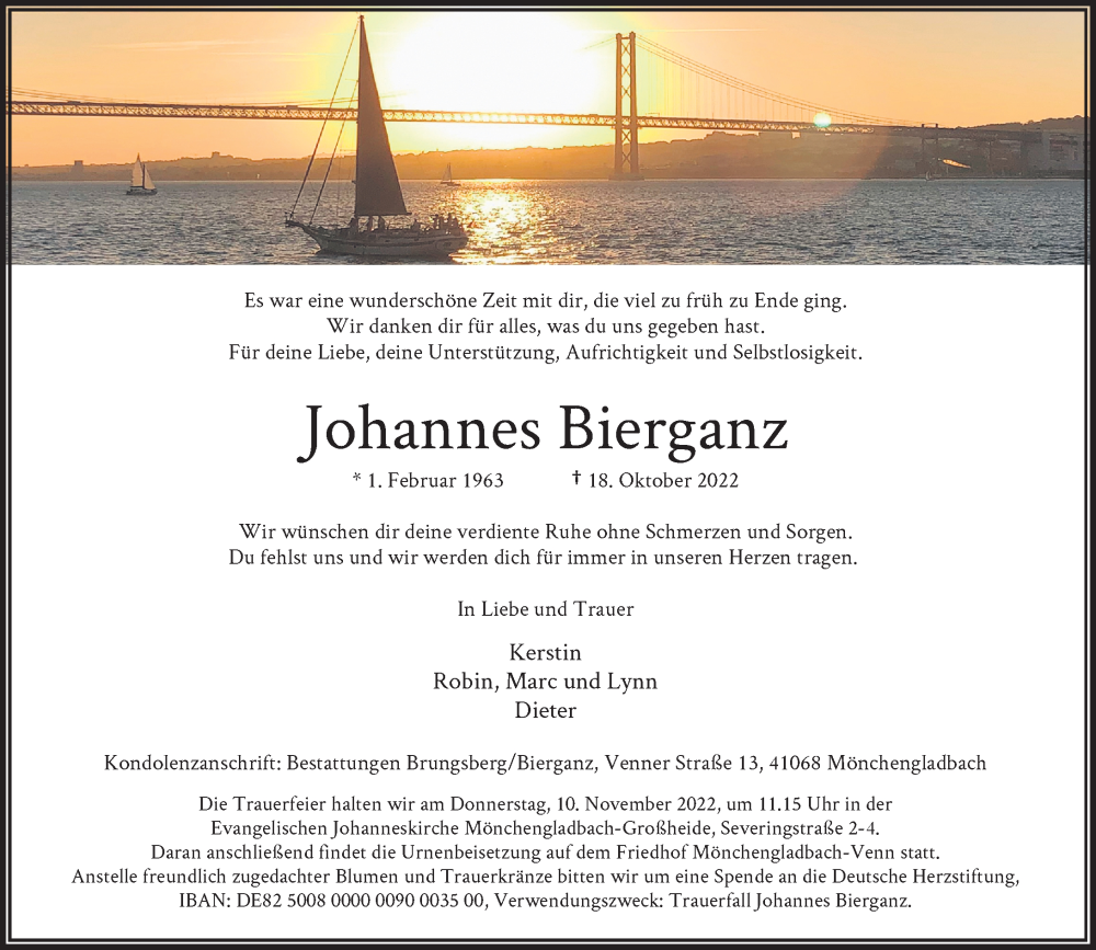  Traueranzeige für Johannes Bierganz vom 29.10.2022 aus Rheinische Post