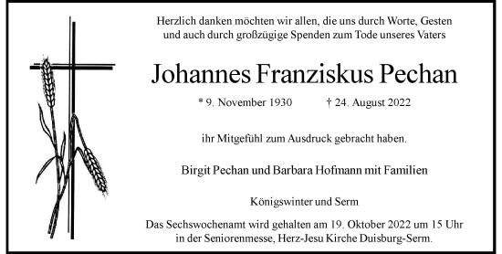 Traueranzeige von Johannes Franziskos Pechan von Rheinische Post