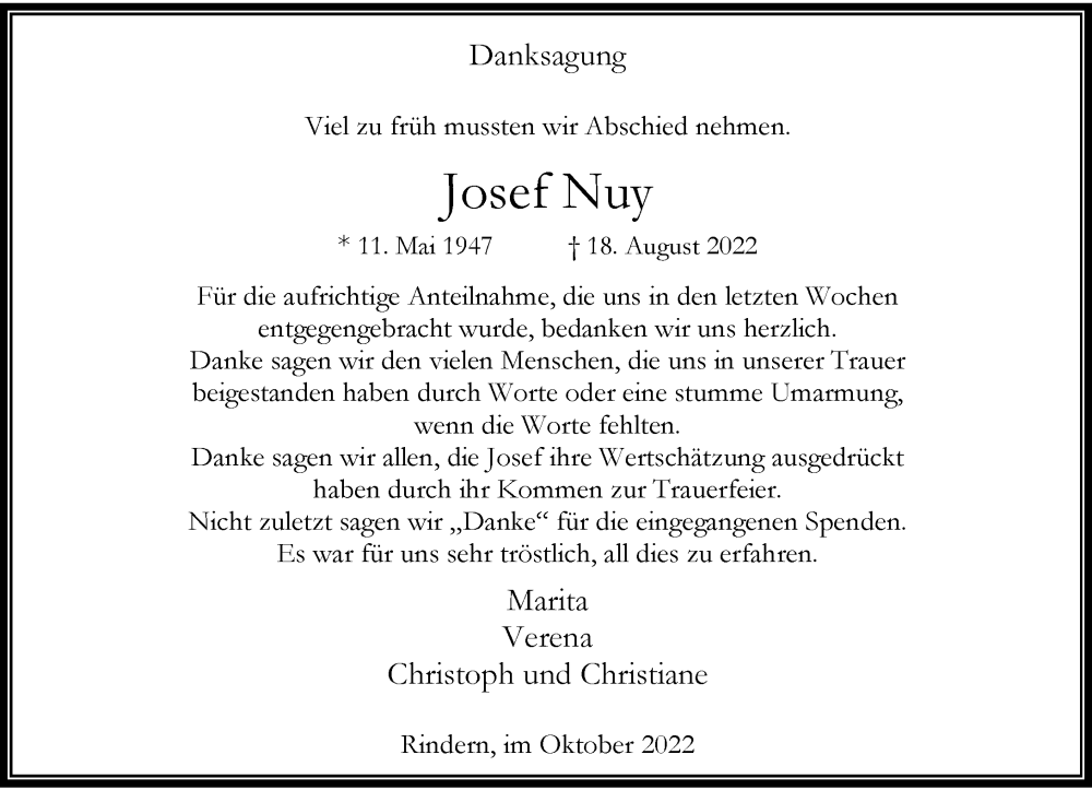  Traueranzeige für Josef Nuy vom 01.10.2022 aus Rheinische Post