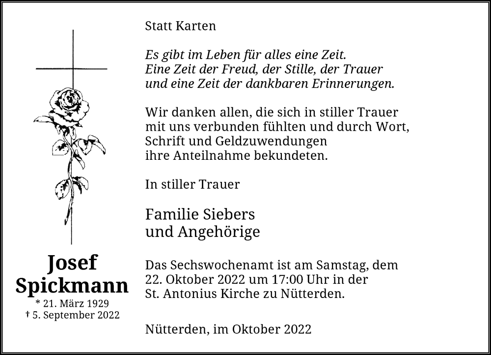 Traueranzeige für Josef Spickmann vom 15.10.2022 aus Rheinische Post