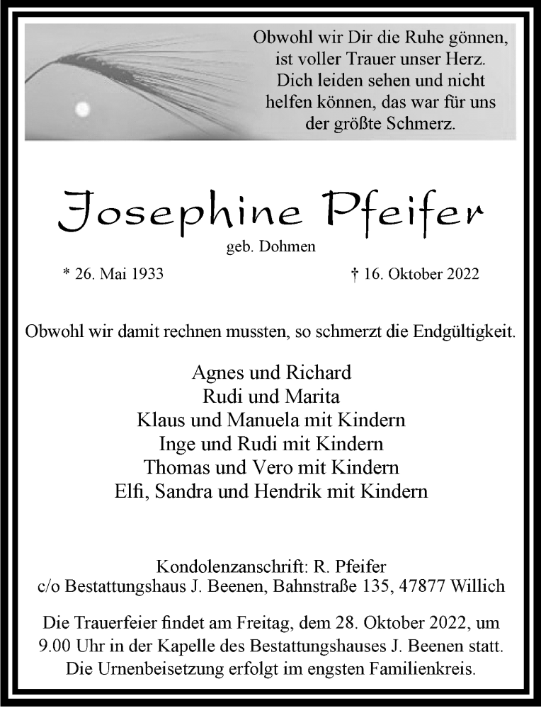  Traueranzeige für Josephine Pfeifer vom 22.10.2022 aus Rheinische Post