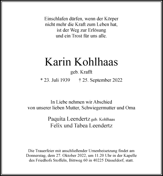 Traueranzeige von Karin Kohlhaas von Rheinische Post