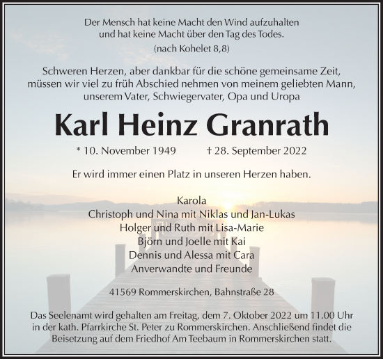 Traueranzeige von Karl Heinz Granrath von Rheinische Post