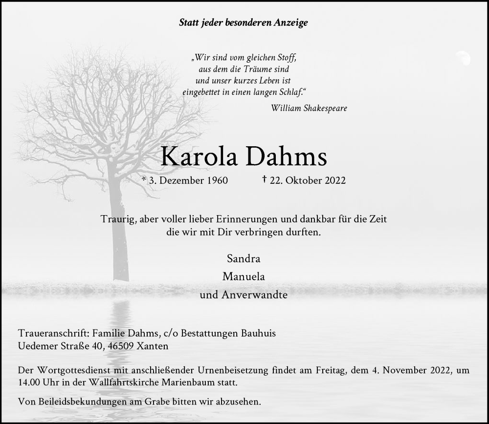  Traueranzeige für Karola Dahms vom 28.10.2022 aus Rheinische Post