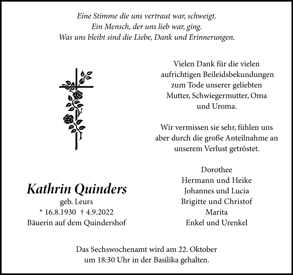  Traueranzeige für Kathrin Quinders vom 19.10.2022 aus Rheinische Post