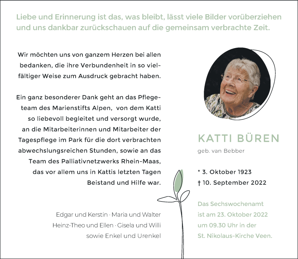  Traueranzeige für Katti Büren vom 15.10.2022 aus Rheinische Post
