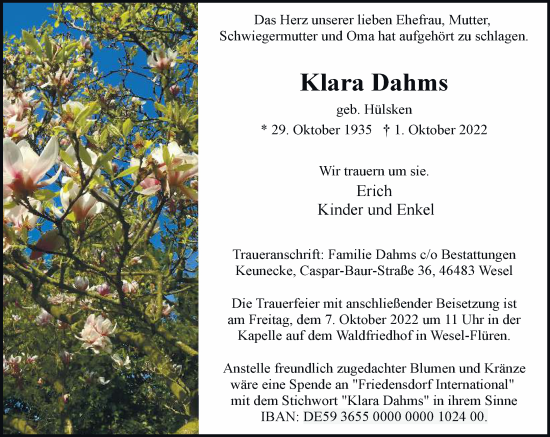 Traueranzeige von Klara Dahms von Rheinische Post