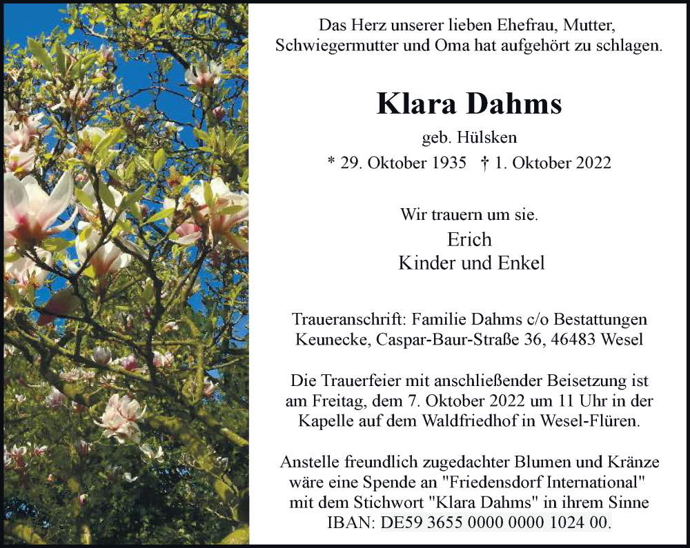  Traueranzeige für Klara Dahms vom 06.10.2022 aus Rheinische Post