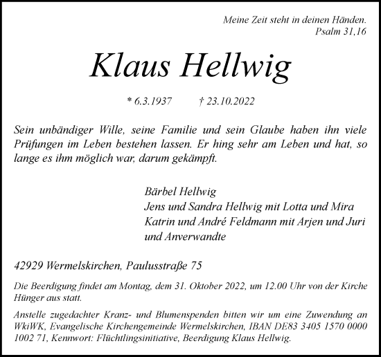 Traueranzeige von Klaus Hellwig von Rheinische Post