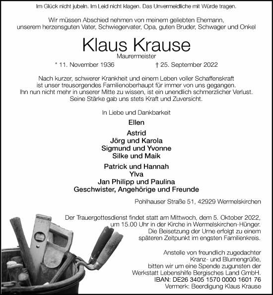 Traueranzeige von Klaus Krause von Rheinische Post