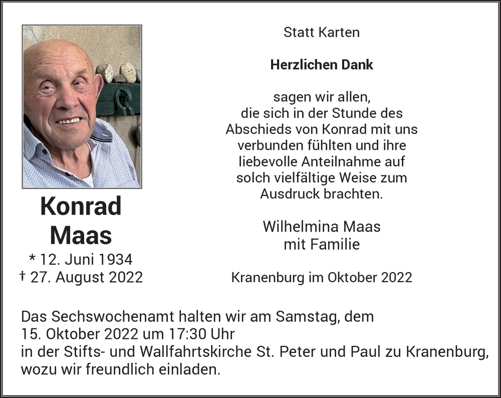  Traueranzeige für Konrad Maas vom 08.10.2022 aus Rheinische Post